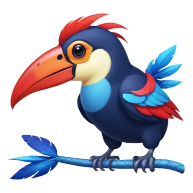 Blue tropical toucan-fakemon-bird, with red long beak, with a blue lizard-tail curled inwards, Genshin Impact’s Dusk Bird sticker