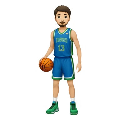 Full Body white male basketball player with short dark shaggy hair and goatee wearing blue and green uniform sticker