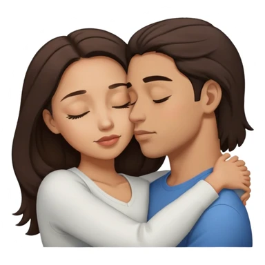A couple, light skin, dark brown hair, eyes closed, hugging and he’s kissing her on her forehead sticker