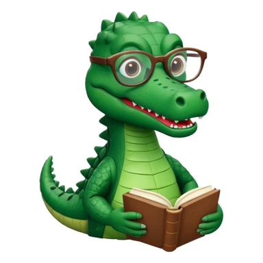 A claymation alligator with a book and glasses. The background is a solid white circle sticker