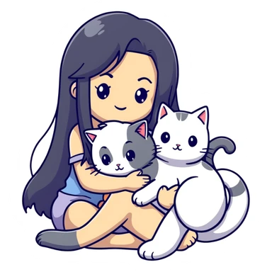 Beautiful girl with long black hair cuddling a gray and blonde cat sticker