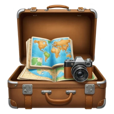 An open traveler's suitcase, from which a map, camera, and phrasebook peek out. sticker