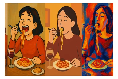 a woman eating food, diverse styles, scene 2 sticker