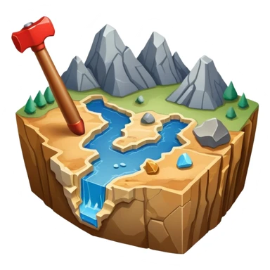 An icon featuring a rock hammer, a geological map, and layers of Earth’s crust, symbolizing geology. The design includes mineral samples, fossils, and tectonic plates, representing the study of Earth’s structure and natural processes. Transparent background highlights geological exploration sticker