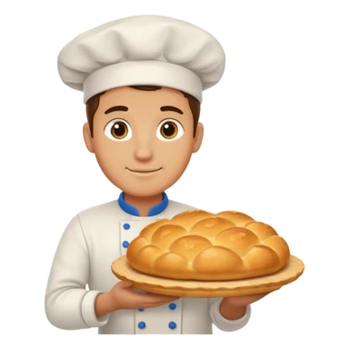 baker holding tray with big bread sticker