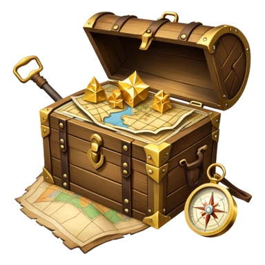An icon featuring a treasure chest overflowing with gold, a treasure map with a compass rose, a backpack, and a shovel. The map guides the way, symbolizing the adventure of treasure hunting. Set against a transparent background, the design evokes excitement and exploration. sticker