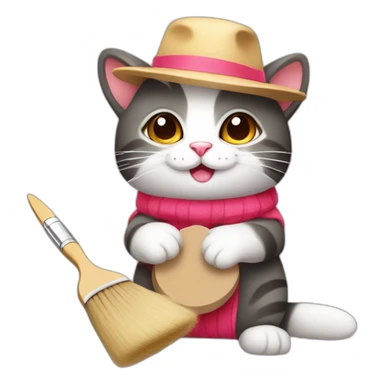 Kawaii cat artist in hat holding palette and brush so it can be used as a mouse cursor sticker