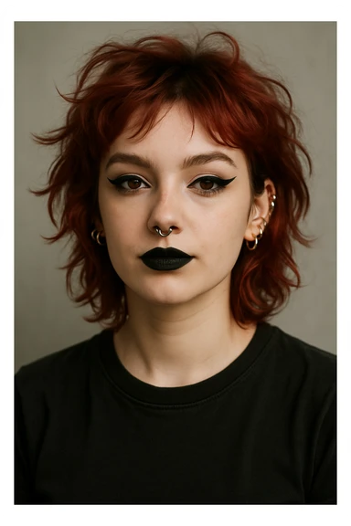 A fair-skinned girl, messy cherry red hair, black t-shirt, dramatic eyeliner, black lipstick, septum and several ear piercings, confident expression. sticker