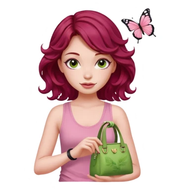 a pretty fair bratz girl with wavy dark red hair, wearing a pink tank top , carrying a matcha and a pink bag. eyeliner on. butterfly tattoo on arm sticker