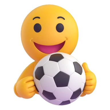 3D smiley emoji, round shape, with soccer ball, sporty face sticker
