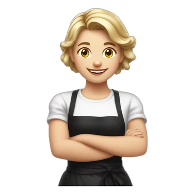 Slavic girl in a white T-shirt and black apron waves her right hand and smiles sticker