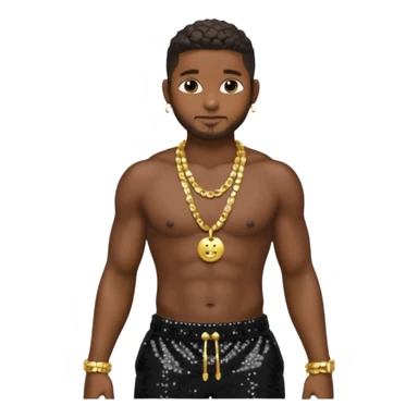 Usher with black sequin baggy pants, shirtless with necklace sticker