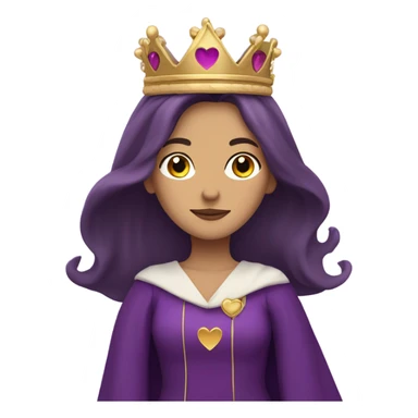 Caucasian long  brunette woman wearing formal royal purple robes and a crown. A burst of hearts are floating around her sticker