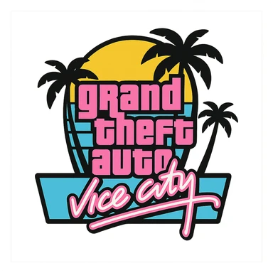 Grand Theft Auto Vice City inspired icon, light pink and light blue, 80s neon style, palm trees, vibrant and retro sticker