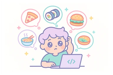 cute and witty style developer thinking about lunch menu, scratching head in front of laptop, surrounded by various food icons like pizza, gimbap, hamburger, ramen sticker