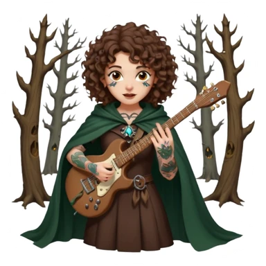 Brown eyes, brown hair curly forest witch playing electric guitar sexual with tattoos...white ethnicity  sticker