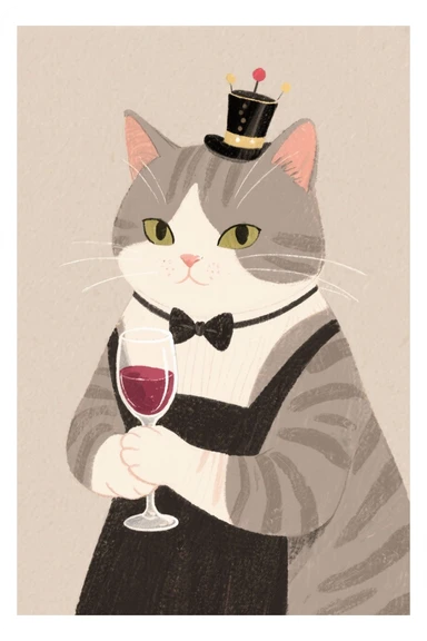 кот с бокалом вина в лапе в нарисованном стиле с нейтральным фоном sticker
