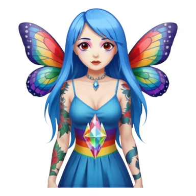 woman-long-blue-hair-red-eyes-white-skin-tattoos-big-breast-wearing-rainbow-crystal-shard-dress,-moths-orbiting,-flirty-contrapposto-pose sticker