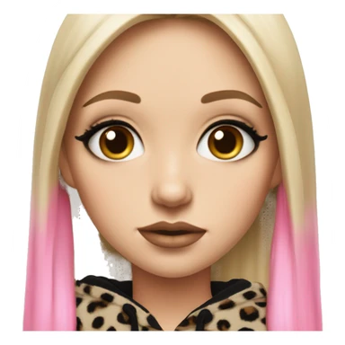 Hyperrealistic white girl with long black hair with a pink fringe and has eye makeup on, she is wearing a black and leopard print hoodie  sticker