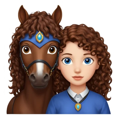 Girl with brown curly hair and blue eyes with an all dark brown horse  sticker