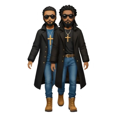African American man with shoulder length black dreadlocks with black beard wearing black sunglasses wearing a black bubble winter coat wearing denim skinny jeans wearing wheat timberland boots walking with a dove and African American Jesus Christ behind him sticker