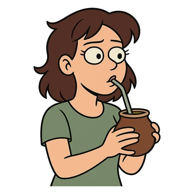 brunette woman drinking mate from a gourd with a bombilla straw sticker