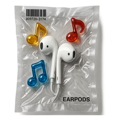 white EarPods headphones surrounded by exactly three small colorful glass music notes, glossy and puffy sticker
