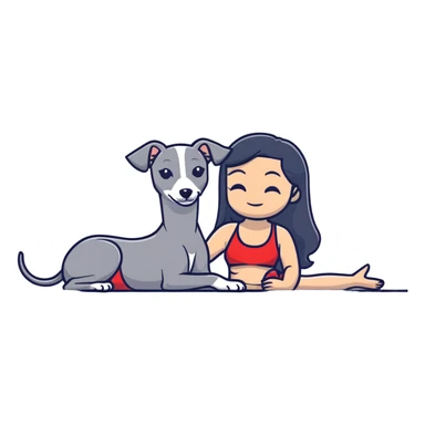 Slim Chinese woman with long black hair in appropriate pool attire relaxing by a swimming pool with her Italian greyhound that is COMPLETELY solid grey, with absolutely NO white markings anywhere, single uniform grey color throughout entire dog body sticker