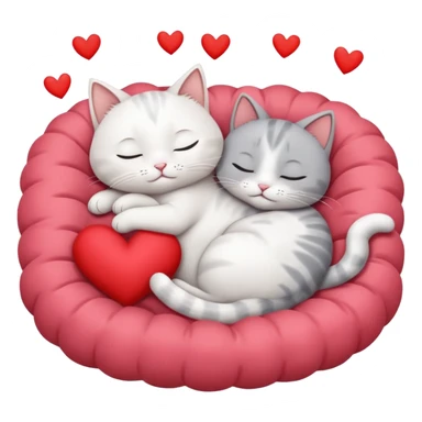 White cat and gray cat sleeping together in a bed full of hearts sticker