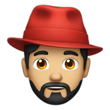 A person with black hair, a red hat, a back shirt, and a skull  sticker