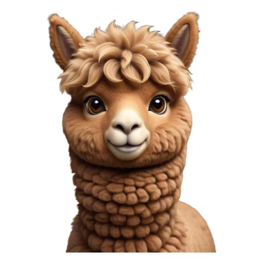 Cinematic Cute Brown Alpaca Portrait Emoji, Head tilted playfully and inquisitively, featuring a plush, rich brown fleece with a natural sheen, round, sparkling warm eyes filled with curiosity, Simplified yet irresistibly adorable features, highly detailed, glowing with a warm, friendly glow, high shine, affectionate and gentle, stylized with a touch of whimsy, bright and endearing, soft glowing outline, capturing the essence of a mischievous yet loving alpaca, so playful it feels like it could prance out of the screen and into your arms! sticker