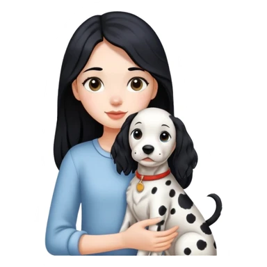 A girl with long black hair is holding a Dalmatian sticker