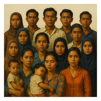 Сгенерируй мне группу людей которая стоит и смотрим прямо, только все они будут индонезийцы из 20 века, в стиле реалистичной живописи, ярко. На однородном белом фоне. У некоторых девушек на руках ребенок, и некоторые девушке в платке мусульманском . КОЖА ОБЯЗАТЕЛЬНО СМУГЛАЯ а волосы у всех черные sticker