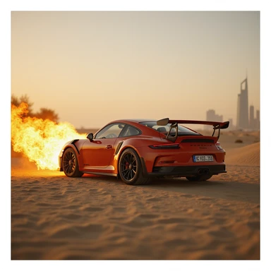 Cinematic shot, Porsche 911 gt3 rs in fire, desert, sunny day, dubai city in background sticker