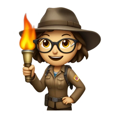 Brunette lady explorer in dark rimmed glasses holding burning torch overhead sticker