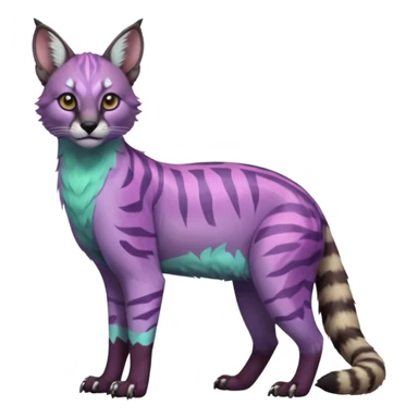 Realistic Colorful pale minty lilac onyx fruity glorious exotic neon vibrant zigzagged fantasy-caracal-civet-genet-sergal-vernid-Gryphon-Cacomistle-Trico-oncilla-animal-Fakémon-hybrid-fursona (full body), facial markings, (realism style) sticker