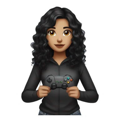 Gamer girl holding game controller with long sleeve top black hair black brown eyes long wavy curly hair looking straight sticker