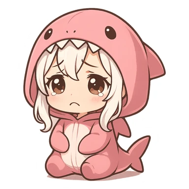 chibi style anime girl with white hair in a pink shark onesie, adorable sad face sticker