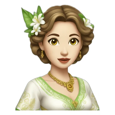 woman in traditional white balinese dress, but white skin and green eyes, brown hair sticker