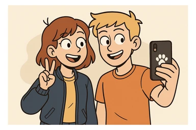 A girl yellow t-shirt blue girls bomber jackets ✌️A boy dark yellow hair Orange T-Shirt white dogs paw 🤳 sticker