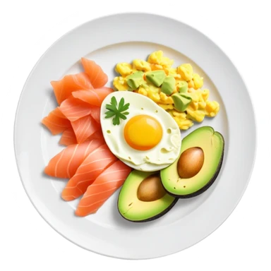 Breakfast plate with avocado, scrambled-eggs and smoked salmon sticker