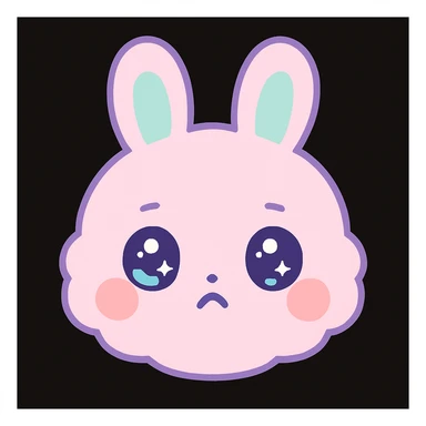 kawaii chibi-style bunny emoji with a round fluffy face, sparkly eyes, blushing cheeks, pastel color palette, pouty mood, soft rounded design, anime-style, black background, vector art sticker