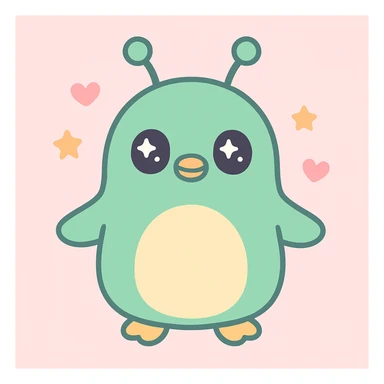 alien penguin, green skin, antennae, whimsical, cute style sticker