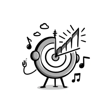 square emoji symbol of a symmetrical target with musical marketing details including headphones, musical notes, bar chart, doodle style, for online course cover sticker