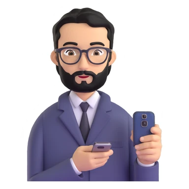 full body standing pose of same professional man with medium black beard, neat black hair, connected unibrow, olive tan skin, brown eyes, glasses, prominent nose, dressed in formal black jacket, with mobile phone sticker