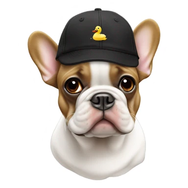 White and black and brown French bulldog with a duck hat on ￼ sticker