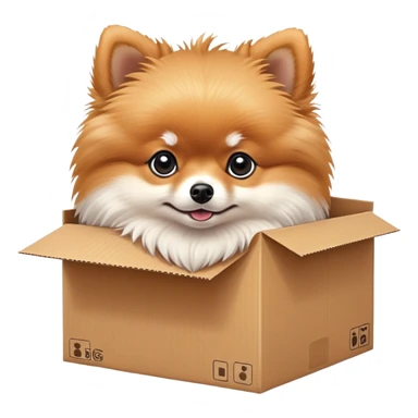  A very cute young pomeranian  with one's head tilted to one side poked its paws out of the cardboard big box and placed them on top of it sticker