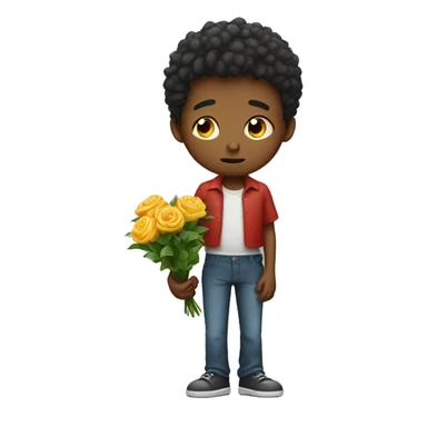 Sad boy giving flowers and gift sticker