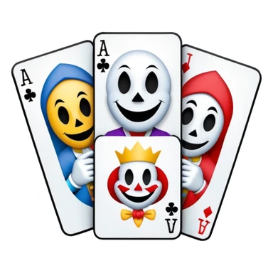 bunch of 3 poker cards, with crazy colorful human jolly jokers inside, inversed face, cuphead style sticker