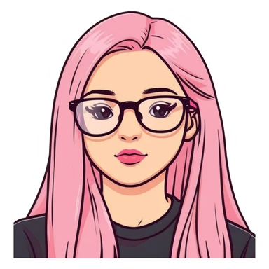 Teenage girl taking a selfie in a school bathroom. Long straight blonde hair with pink dye, rectangular glasses, black shirt, neutral expression with slightly glossy lips sticker